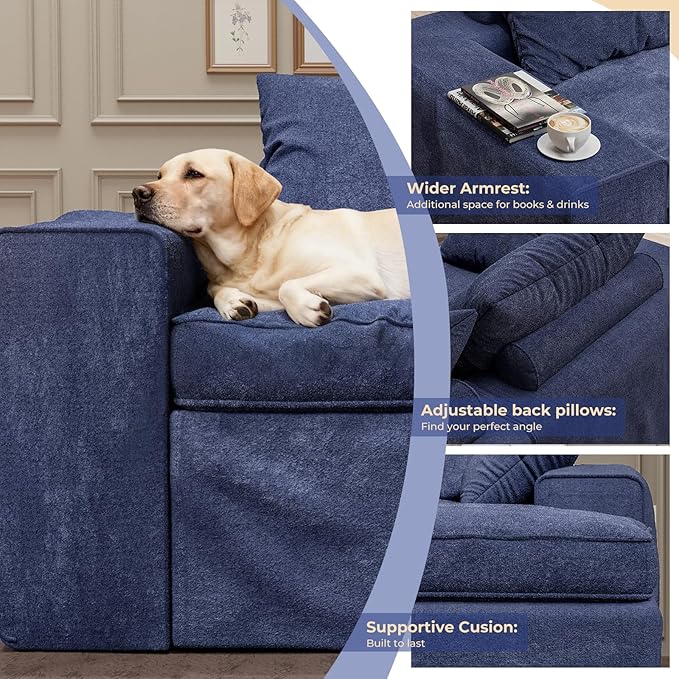 108 Inch Cloud Sectional Couch, Modular Sectional Sofa with Deep Seat, Convertible L-Shape Couch with Ottoman, 3 Seater Cloud Couches for Living Room, No Assembly Required (Blue)