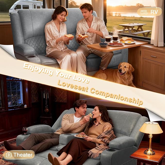 RV Loveseat Recliner Wall Hugger, Manual RV Reclining Loveseat with Removable Armrest, 3X Adjustable Theater Wall Hugger Loveseat Recliners with USB Ports, Cup Holders, Multi-Storage (PU,Grey)