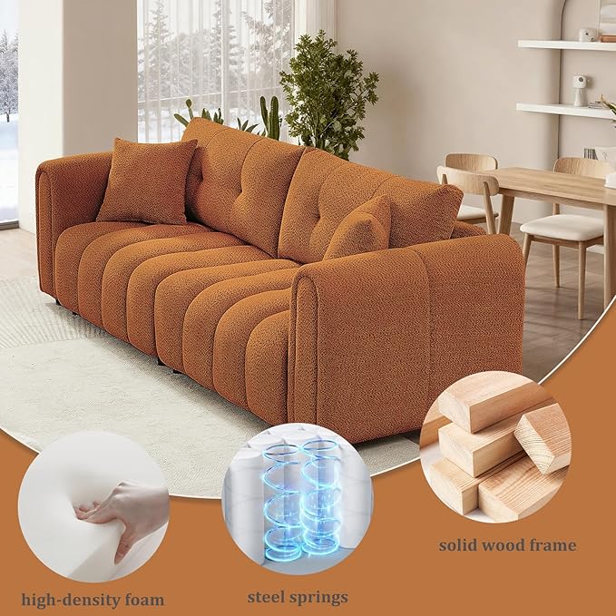 91.5" W Cloud Boucle Sofa for Living Room, Modern Comfy Boucle Couch with Rolled Arms and Soft Pillows, Teddy Oversized Loveseat for Apartment, Studio, Bedroom, Orange