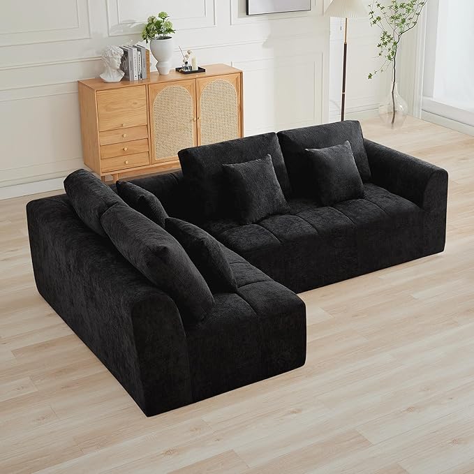 110''Modular Sectional Couches for Living Room, Cloud Boneless Compressed Sofa Left Facing Chaise, Oversized L Shaped 4 Seater Memory Foam Sofa, No Assembly, Chenille Black