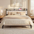LIKIMIO King Size Bed Frames, Bouclé Storage Headboard with Charging Station, Solid and Stable, Noise Free, No Box Spring Needed, Easy Assembly