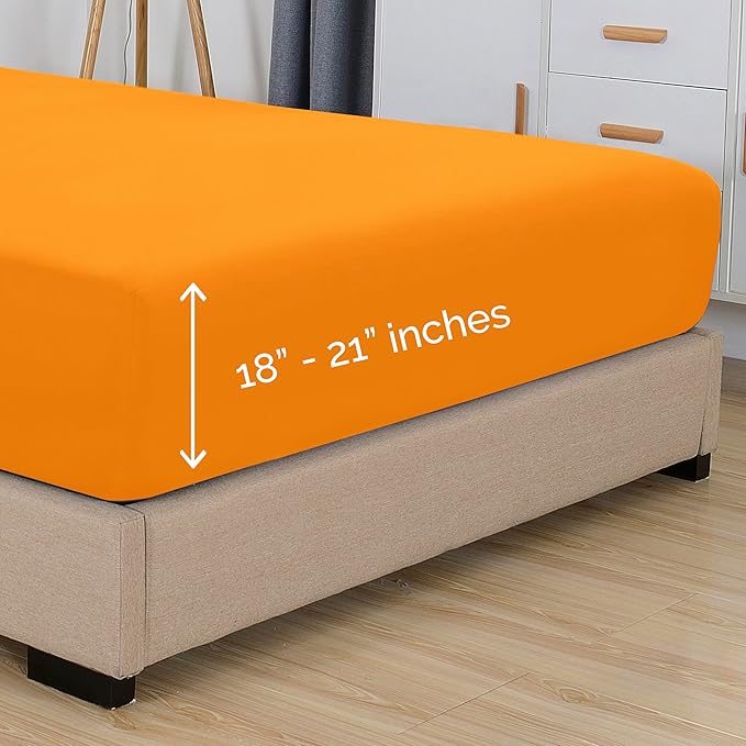 Elegant Comfort 1500 Premium Hotel Quality 18-21 Inches Deep - Extra Deep Pocket Single Fitted Sheet for High Mattress, Luxury and Softest, Smart Pocket - Wrinkle Free, Queen, Orange