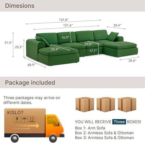 138" Boneless Cloud Couch Sectional No Assembly Required Modular Sofa with Deep Seat for Living Room U Shaped Couch with Ottoman Snowflake Fabric and Memory Sponge Moss Green