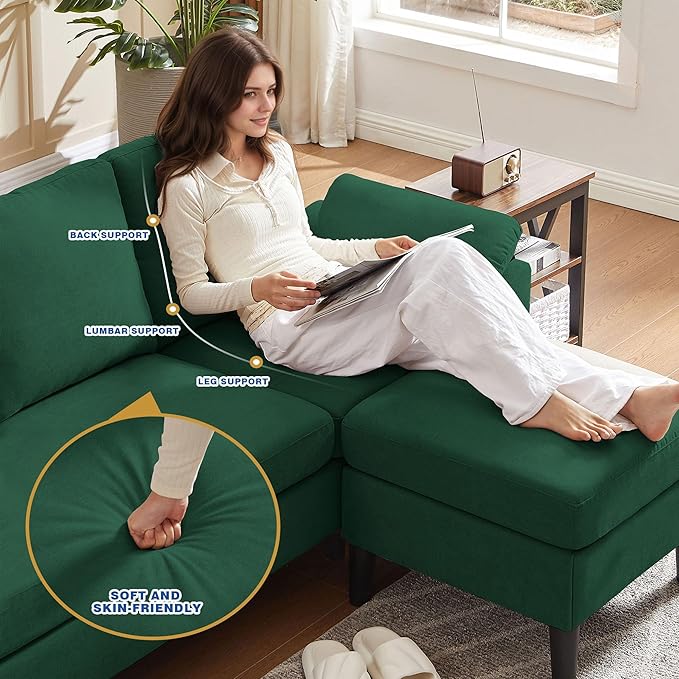 79" Convertible Sectional Sofa, Modern Linen Small L Shaped Couch with Reversible Chaise and Storage Ottoman, 3-Seat Sofa Couches for Living Room, Office, Apartment, Green