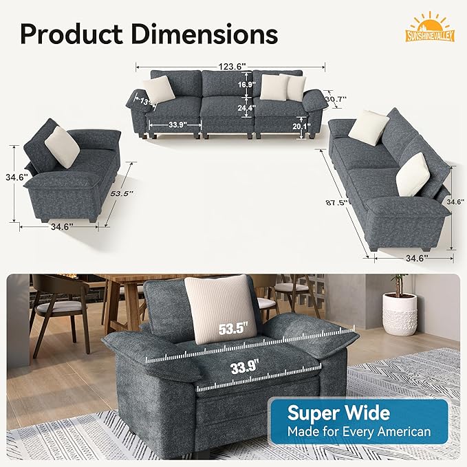 3 Piece Living Room Sofa Furniture Set, Chenille Modular Loveseat, Cloud Chair, and 3-Seat Couch with Pillow, Oversized 6-Seat Modern Sectional Deep Sofa for Apartment, Cyan