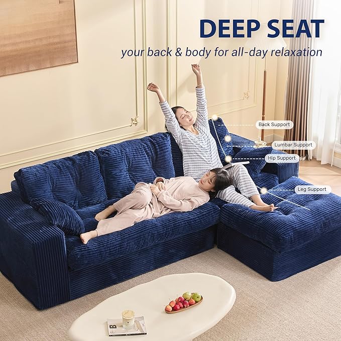 Modular Sectional Sofa, 102” L-Shaped Corduroy Couch with Ottoman, Deep Seat Comfy Sectional for Living Room, Set of Soft Upholstered Cloud Couch for Apartment, Blue