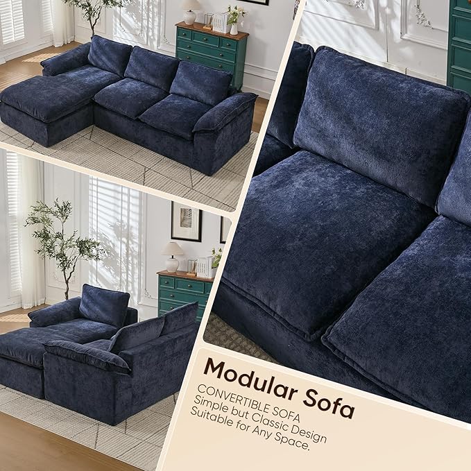 105.6”L Shape Modular Sectional Couch for Living Room, Modern Cloud Sectional 3 Seat Sofa with Oversized Chaise, Woven Texture Upholstery Boneless Couch (Blue, Left Facing Chaise)
