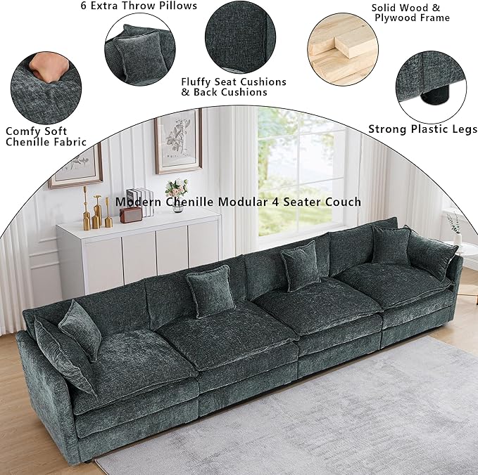 Setawix Chenille Cloud Couches for Living Room,4 Seater Cloud Sofa Couch with Deep Seat,147.22" Roomy Cloud Sofas,Modular Sectional 4 Seat Sofa with Pillows for Bedroom (Grey, 4 Seater)