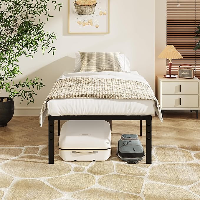 VINGLI 18 Inch Twin Bed Frame, Heavy Duty Metal Platform, No Box Spring Needed, Sturdy Steel Slat Support, Easy Assembly, Noise-Free, 16.4 Inch Underbed Storage,Black