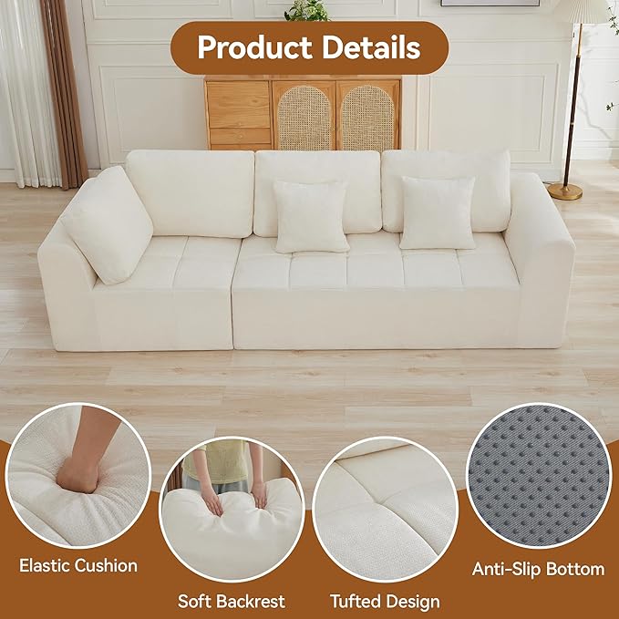 110''Modular Sectional Couches for Living Room, Cloud Boneless Compressed Sectional Sofa, Oversized 3 Seater Upholstered Memory Foam Sofa, No Assembly, Chenille Beige
