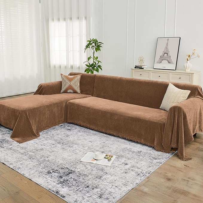 Sectional Couch Covers, 2 Pieces Chenille Sofa Cover L Shaped Couch Cover Blanket for Dogs Washable Sofa Slipcovers Pet Furniture Protector (Large: 71" x 102" + 71" x 110", Brown)