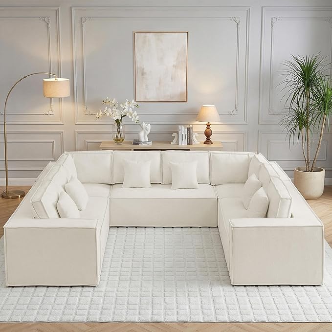 138'' Boneless Chenille U Shaped Couch, Oversized Modular Sectional 8 Seater Sofa, Modern Deep Seat Corner Cloud Compressed Couch, No Assembly Sleeper Sofa with Chaise for Living Room, Beige