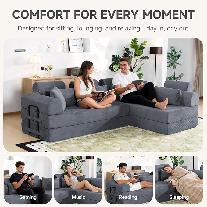 106" L-Shaped Boneless Sectional Couch, 2-Piece 70.87" Modules, Converts to 141.7" Extra-Long Straight Sofa, Corduroy Couch in a Box with Headrest & Back Pillows for Living Room, Dark Grey