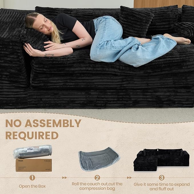Belffin Plush Corduroy L Shaped Couch with Deep Seat Boneless Modular Sectional Cloud Boneless Couches for Living Room. Left Facing Chaise. Black Sofa