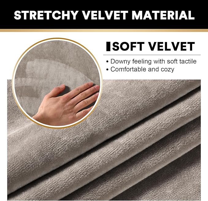 PrinceDeco Velvet Couch Covers for Sofa Soft 4 Pieces Couch Covers for 3 Cushion Couch Sofa Pet Friendly Furniture Protector with Non Slip Elastic Bottom Width Up to 97 Inch (Large Sofas, Taupe)