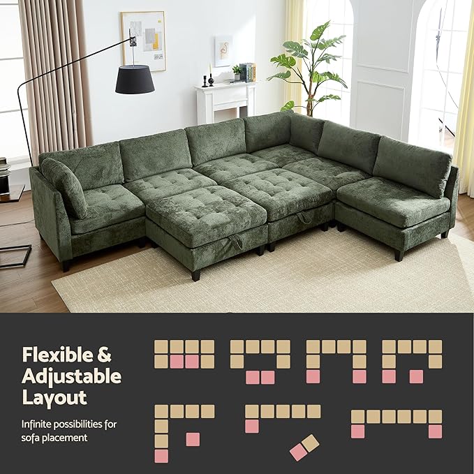 Luxe Oversized Modular Sectional Sofa, Modern Chenille Convertible Sleeper Sofa with Storage Ottoman, Comfy Deep Seat U-Shaped Cloud Couch for Living Room（Green，6-Seater + 2 * Ottoman + Tea Tray）