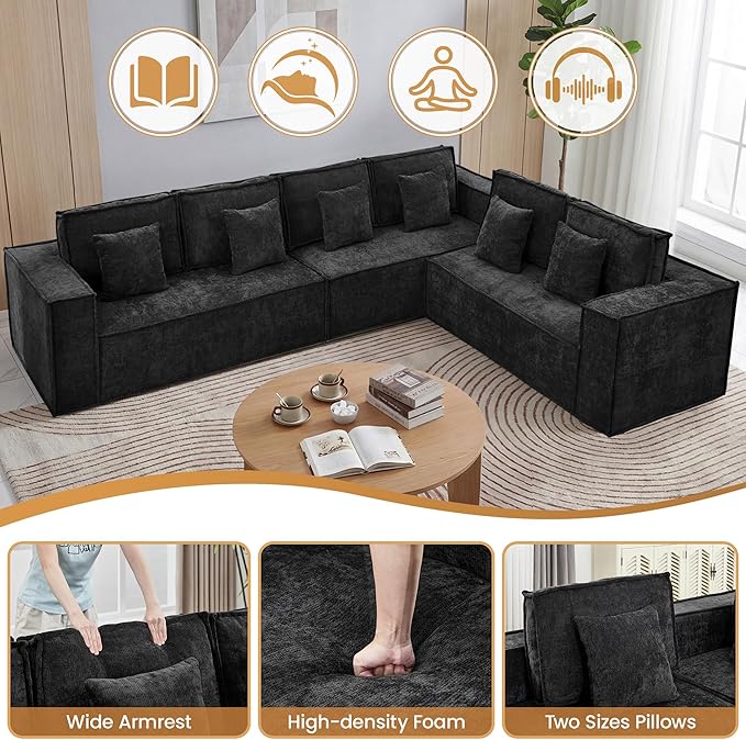 138'' Boneless Chenille L Shaped Couch, Oversized Modular Sectional 6 Seater Sofa, Modern Deep Seat Corner Cloud Compressed Couch, No Assembly Sleeper Sofa with Chaise for Living Room, Black