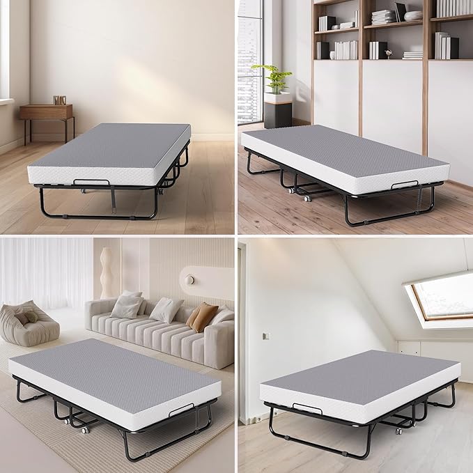 Decofy Folding Bed with Memory Foam Mattress, Portable Rollaway Guest Beds on Wheels, 75"x38" Twin Size Space-Saving Cot-Size Bed for Adults with Easy Assembly Metal Frame (Grey)