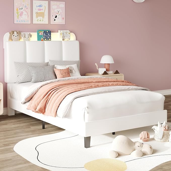 BarnFurin Twin Bed Frame with LED Lights, Upholstered Platform Bed with Storage Headboard, Kids Twin Bed Frame, No Box Spring Needed, Noise-Free, Easy Assembly, White