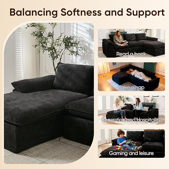 105.6”L Shape Modular Sectional Couch for Living Room, Modern Cloud Sectional 3 Seat Sofa with Oversized Chaise, Woven Texture Upholstery Boneless Couch (Black, Left Facing Chaise)