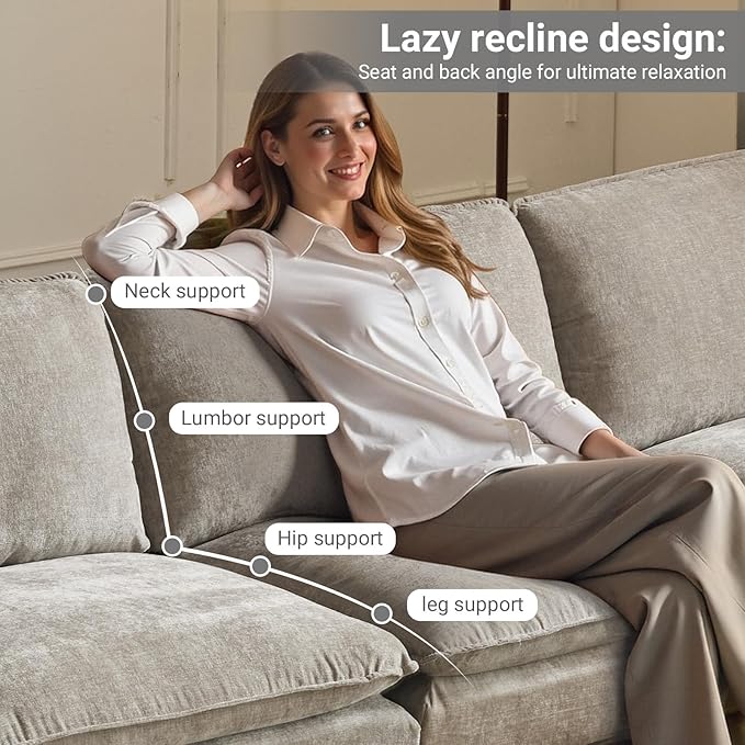 VINGLI 122" Cloud Double-Layer Deep Convertible Sectional Sofa, Comfy L-Shape 3-Seat Couches for Living Room, Modern Couch with Movable Ottoman for Small Space, Light Grey, Chenille
