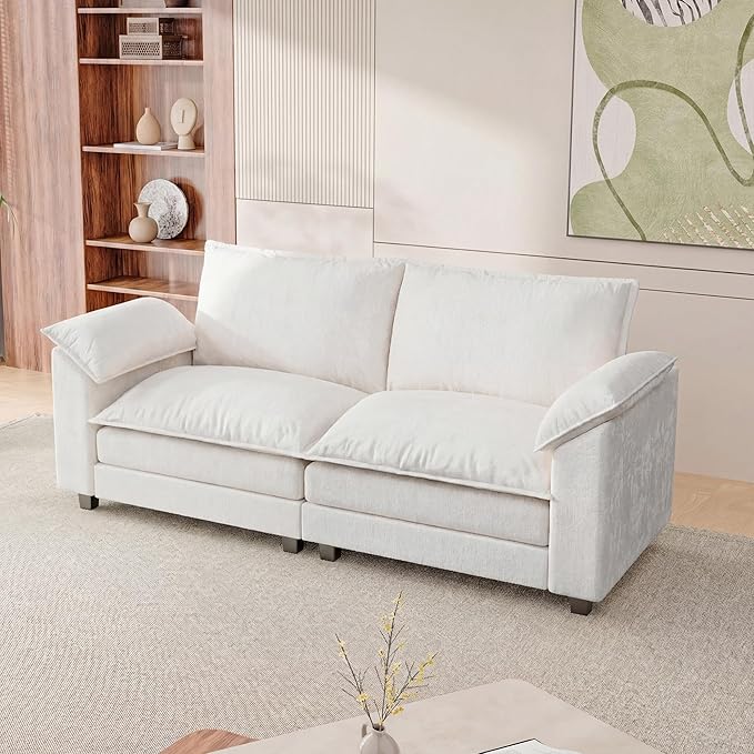 Loveseat 2 Seater Sofa with Double Layer Cushion, Cloud Couch with Deep Seat, Comfy Chenille Sofa Couches for Living Room & Apartment (White, Loveseat Sofa)