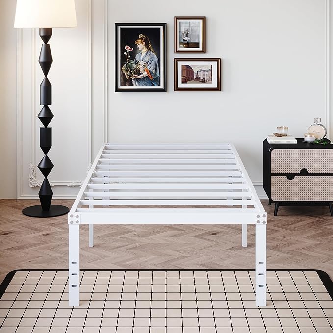 DiaOutro 18 Inch White Twin Bed Frame Heavy Duty No Box Spring Needed Metal Platform with Maximum Storage, Easy Assembly, Noise Free
