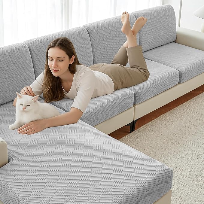 Deep Dream Stretch Cushion Cover Fitted Couch Cushion Slipcovers 1 Pack Arm Chair Seat Cushion Cover for Individual Cushion Sofa Chair with Elastic Bottom(Chair Cushion, Light Grey)