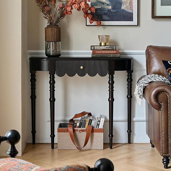Solid Wood Console Table with Drawer – Black Entryway Table with Scalloped Edge and Straight Legs, Narrow Accent Sofa Table for Living Room or Hallway(Black)