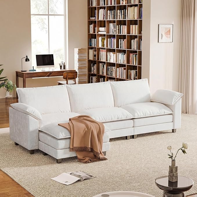 118.9'' L Shaped Sectional Couch, Modular Cloud Sofa with Deep Seat & Double Layer Cushion, Modern Chenille Sofa Couches with Movable Ottoman for Living Room & Appartment (White, L Shaped Sofa)