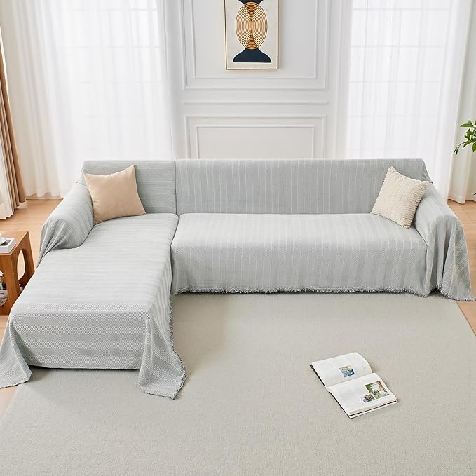 Sectional Couch Covers 2 Pieces, Chenille L Shaped Couch Cover Blanket for Sectional Sofa with Herringbone Pattern Washable Sofa Slipcovers (X-Large: 71" x 110" + 71" x 118", Off White)