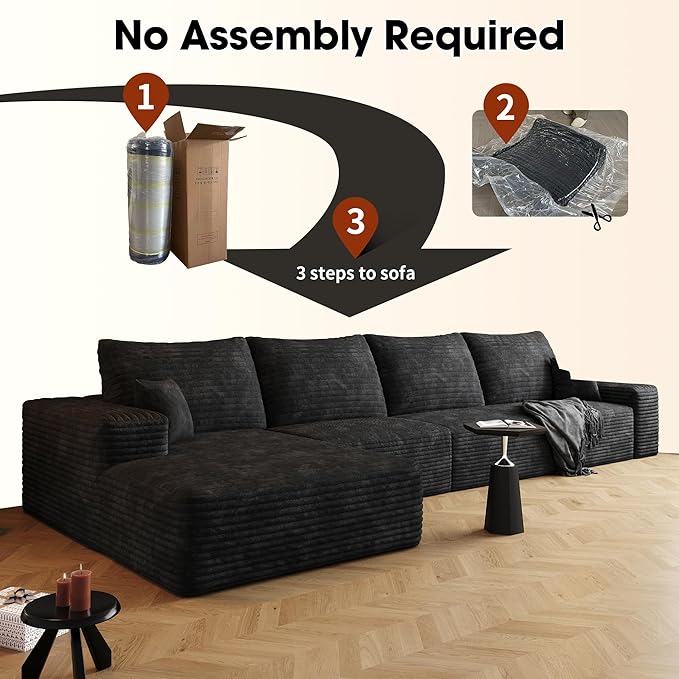 136" Sectional Couches for Living Room Cloud Couch Sofa with L-Shape Upholstered Boneless Couchs Modern Modular Sectional Couch with Chaise (Black, 136" Left Facing Chaise+3Seaters)
