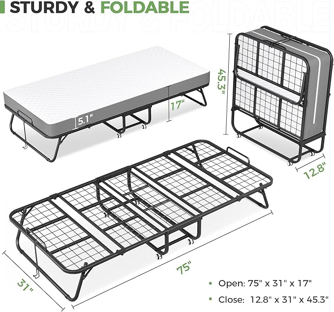 SUNCROWN 75” x 31” Folding Bed with Mattress, Portable Rollaway Bed, Space-Saving Sturdy Metal Frame, Fold up Bed with 5" Memory Foam Mattress, Fold Up, Roll Away, Hideaway, Office, Apartment