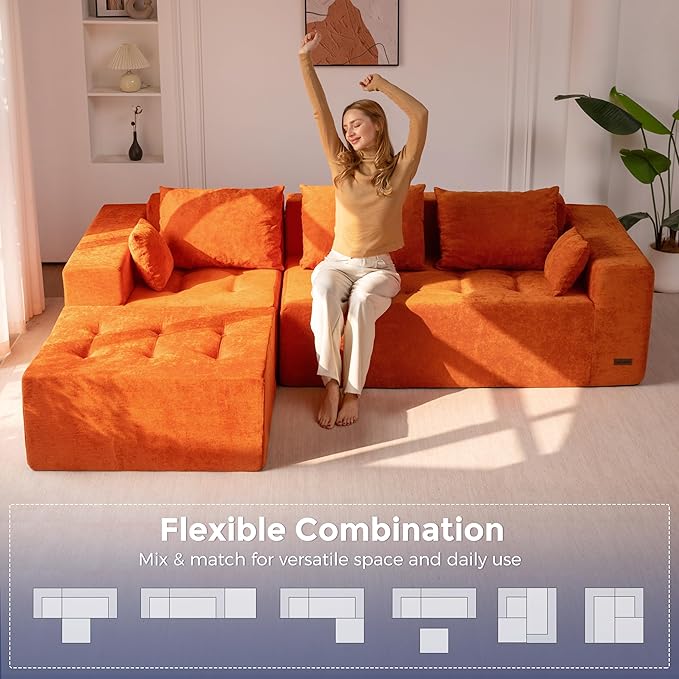 MAXYOYO Modular Sectional Sofa Couch, L Shaped Boneless Cloud Couch with Flexible Ottoman, Chenille Upholstered Living Room Sleeper Sofa Chair for Living Room, No Assembly Required, Orange