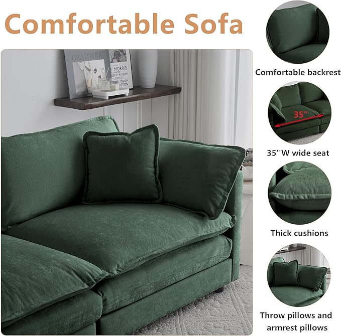mikibama Modular Sectional Sofa, 111.5 Inch L Shaped Couch Set for Living Room, 3-Seater Comfy Cloud Couches with Movable Ottoman, DIY Combination, Chenille, Evergreen