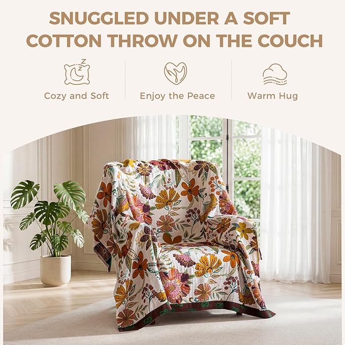 Boho Throw Blanket for Bed 100% Cotton Soft Breathable Quilt Floral Leaves Embroidery Home Decor Reversible Bed Spring Blankets,60"x80" All Season Twin Blankets for Sofa Couch Chair