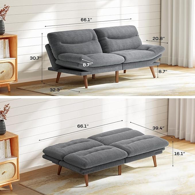 Marsail Futon Sofa Bed, 66” Futon Couch with Adjustable Backrest & Armrests, Convertible Small Sleeper Sofa Bed for Small Apartments, Study Room, Office, Corduroy Loveseat, Charcoal Gray