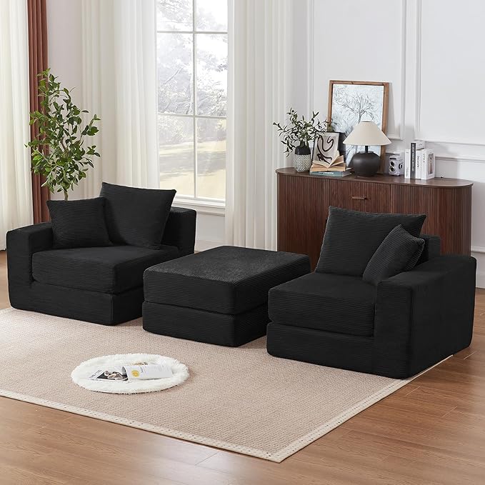 Modular Loveseat L Shaped Sofa,Boneless Cloud Couch with Ottoman (Black) | Freely Combination, No Assemble Required, Modular Design, Breathable Fabric, Convertible to Bed, Futon Bed