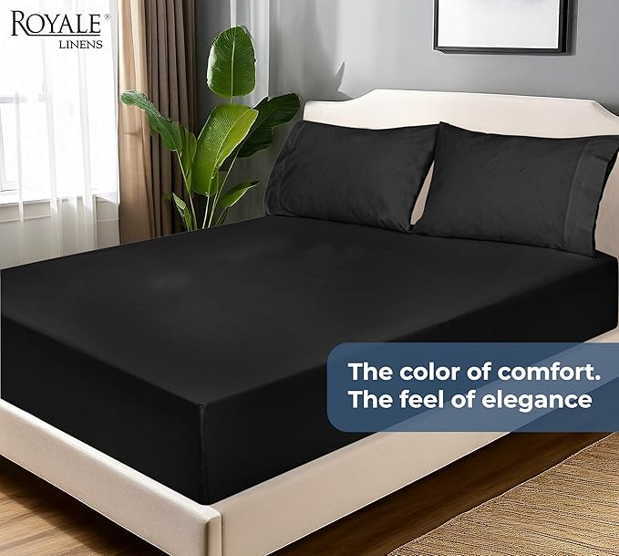 Royale Linens 100% Organic Cotton Fitted Sheet - Percale Weave - Super Soft Deep Pocket Bottom Sheets - Black Elastic Sheet King Cal Size - California King Fitted Sheets Only - (72"x84"+15", Black)
