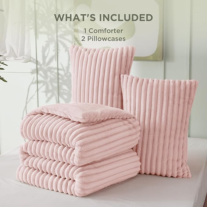 Bedsure King Comforter - GentleSoft™ 3 Pieces Double-Side Fleece Fluffy Pink Comforter Set, Cozy Striped Room Decor Aesthetic, Luxury King Size Bedding with 2 Pillowcases, 104x90 Inches