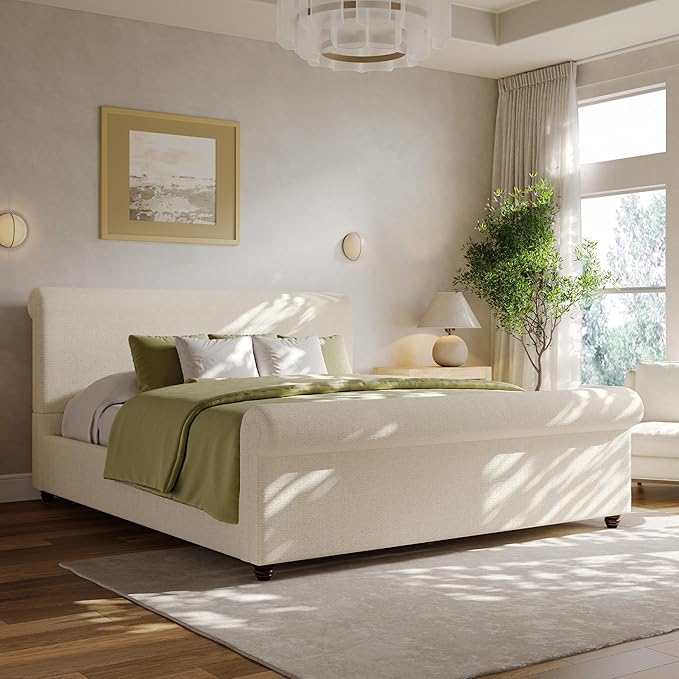 Christopher Knight Home Chenzi Linen Upholstered Queen Bed Frame with Headboard and Footboard, Wooden Platform Queen Size Bed Frame and Double-Layer Oval Legs, No Box Spring Needed, Beige