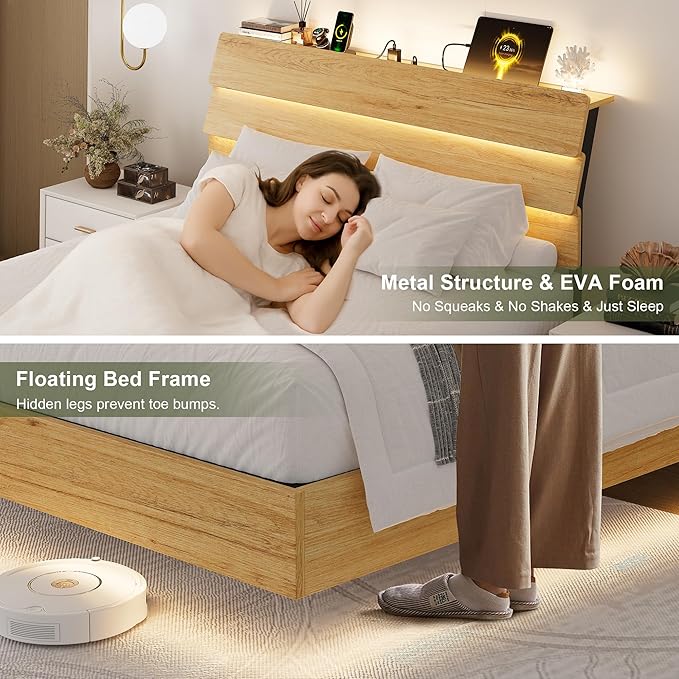 Feonase Floating Bed Frame Full with Led Lights and Charging Station, Wood Full Size Bed Frame with Storage Headboard, Heavy Duty Metal Slats, No Box Spring Needed, Easy Assembly, Noise-Free,Oak