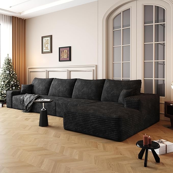 136" Sectional Couches for Living Room Cloud Couch Sofa with L-Shape Upholstered Boneless Couchs Modern Modular Sectional Couch with Chaise (Black, 136" Right Facing Chaise+3Seaters)