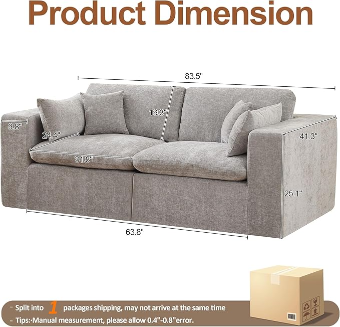83''Cloud Boneless Sectional Couch, Modular Sectional Sofa Deep Seat, Upholstered Convertible Comfy Loveseat Chenille Memory Foam Sofa Couches for Living Room, Light Grey