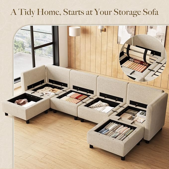 Belffin 110.2" Modular Sectional Sofa 6 Seats U Shaped Couch Washable Sectional Couches for Living Room Comfy Couches with Storage Seat Couch Sofas with Chaise,Beige
