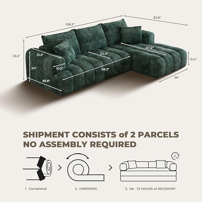108" Cloud Sectional Couches for Living Room, Boneless L-Shaped Sofa with Pillow 3 Seater Modular Sectional Sofa (Dark Green)