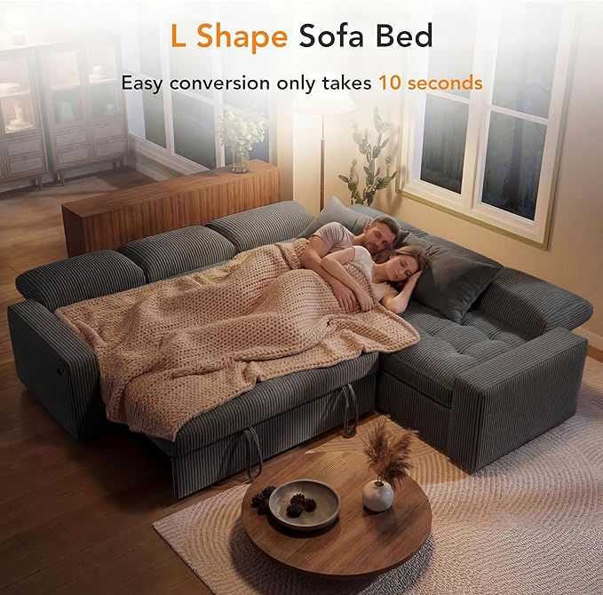 Vipbear Pull Out Sofa Bed Sectional Sleeper Sofa with Reclining Backrest & Storage, Plush Pullout Modular Sectional Couches with USB Charging, L Shaped Convertible Couch Bed for Apartment, Grey | Breathable material, Tool-Free Assembly