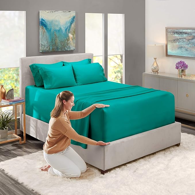 Hearth & Harbor Bed Linen Set - Split King Size, 6 Piece, Extra Deep Pocket, Microfiber, Teal