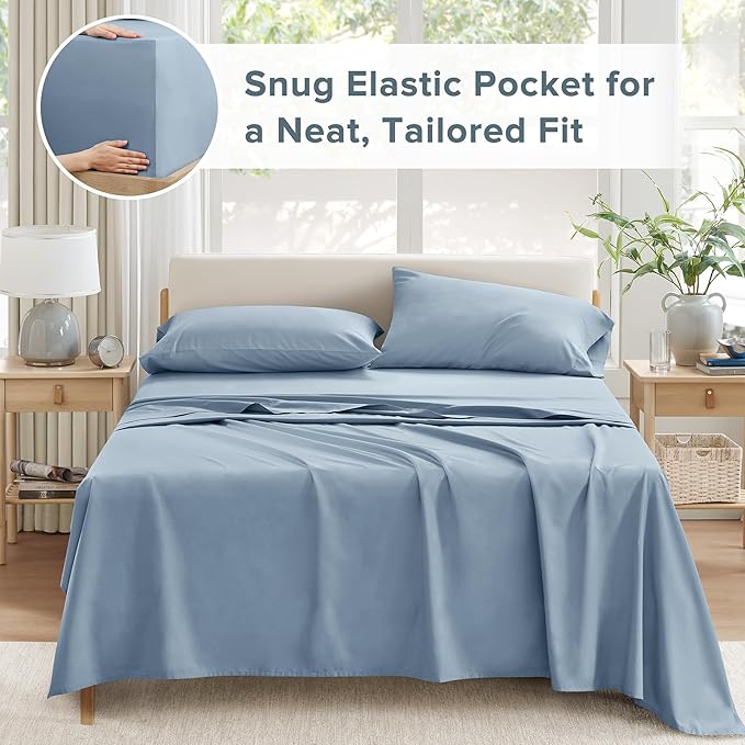 Comfort Spaces 100% Cotton Sheet Set Breathable, Lightweight, Soft with 12" Elastic Pocket Fits up to 14" Mattress, All Season Cozy Bedding, Matching Pillow Case, Twin XL Blue 3 Piece