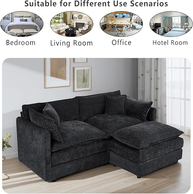 Setawix Deep Loveseat Couch with Ottoman,Large L-Shaped 2 Seater Cloud Couches for Living Room,77.16" Chenille Cloud Sofas with Deep Seat,Modular Sectional 2 Seat Sofa for Bedroom (Black, 2+1)